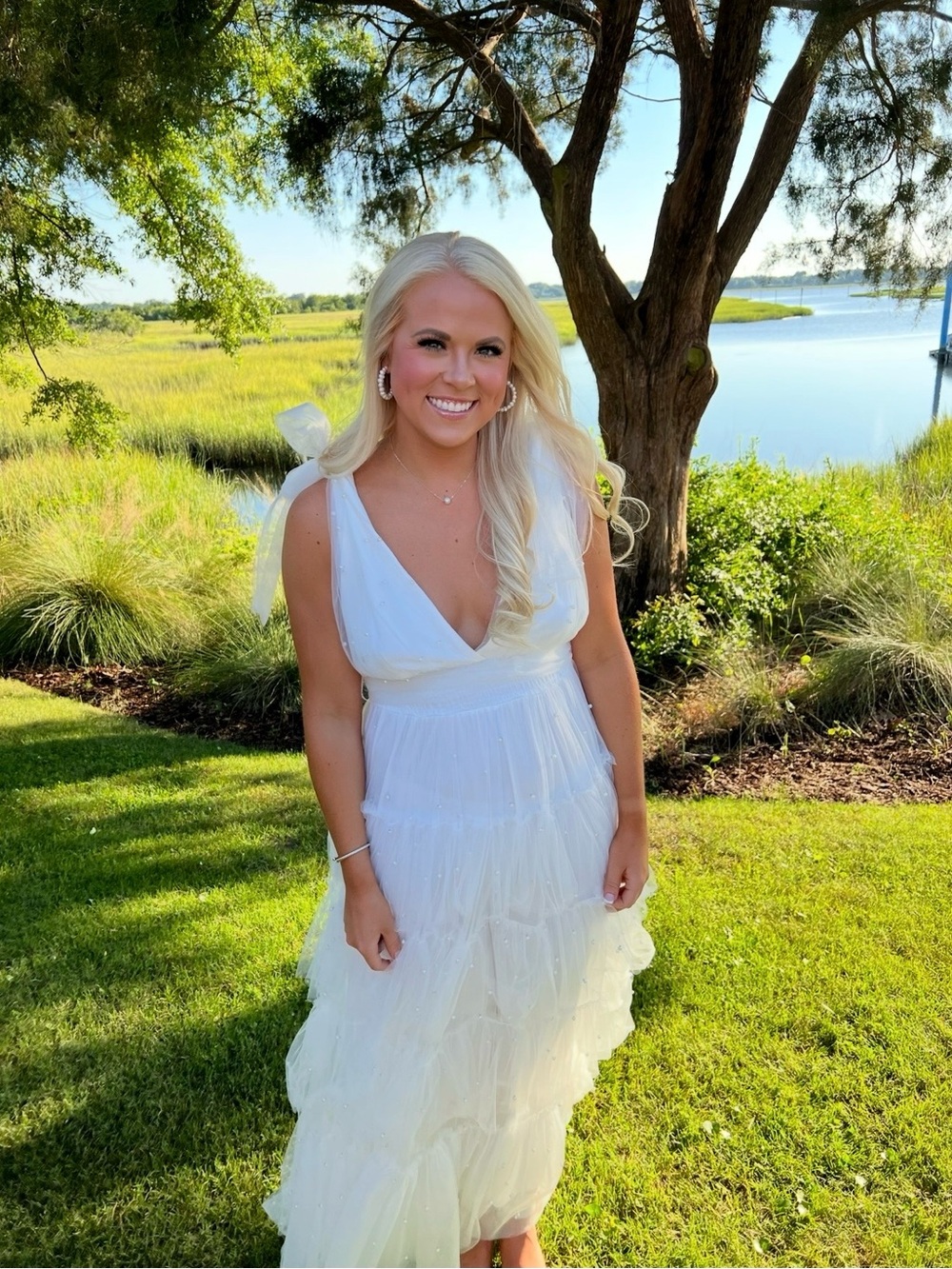 Mable pearl stud and mesh tulle tiered maxi dress